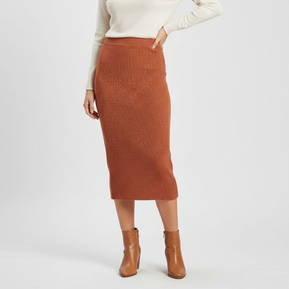 21 Saints Skirt Womens Small Orange Ribbed Midi High Rise